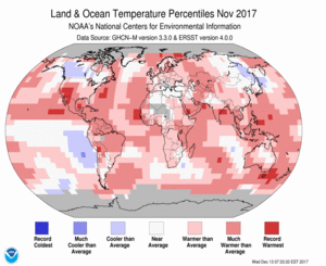 November Blended Land and Sea Surface Temperature Percentiles
