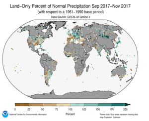 September - November 2017 Land-Only Precipitation Percent of Normal
